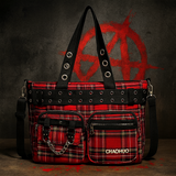 Punk Plaid Tote Bag with Chains & Grommets | Gothic Shoulder Handbag
