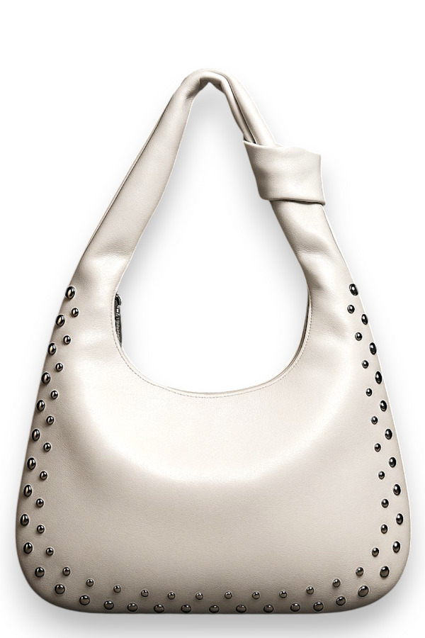 Women’s White PU Studded Crescent Shoulder Bag Retro Armpit Knot Hobo Purse
