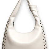 Women’s White PU Studded Crescent Shoulder Bag Retro Armpit Knot Hobo Purse