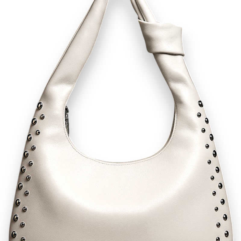 Women’s White PU Studded Crescent Shoulder Bag Retro Armpit Knot Hobo Purse