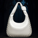 Women’s White PU Studded Crescent Shoulder Bag Retro Armpit Knot Hobo Purse