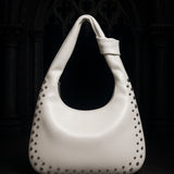Women’s White PU Studded Crescent Shoulder Bag Retro Armpit Knot Hobo Purse