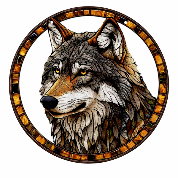 Wolf Suncatcher Faux Stained Glass Window Hanging 8" Wildlife Decor