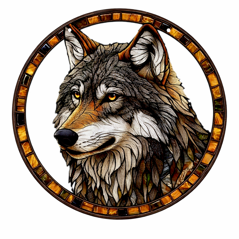 Wolf Suncatcher Faux Stained Glass Window Hanging 8" Wildlife Decor