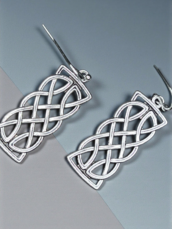 Silver Celtic Knot Bar Earrings | Long Knot Dangle Hook Earrings
