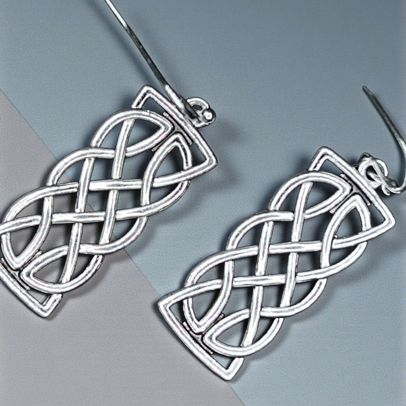 Silver Celtic Knot Bar Earrings | Long Knot Dangle Hook Earrings