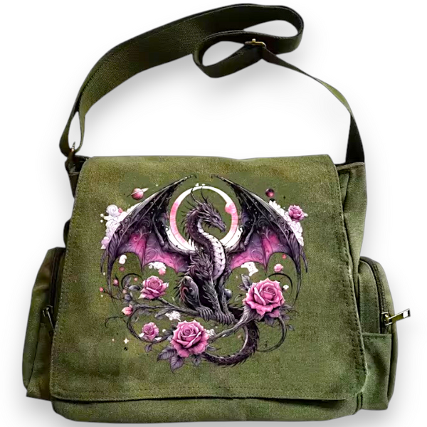 Gothic Dragon Rose Moon Canvas Messenger Bag Olive Green Crossbody Satchel NEW