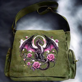 Gothic Dragon Rose Moon Canvas Messenger Bag Olive Green Crossbody Satchel NEW