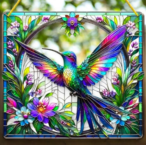 "Vibrant Hummingbird Stained Glass-Style Acrylic Suncatcher - 8in Square Window