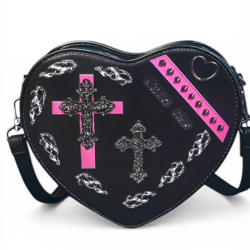 Gothic Heart Crossbody Bag Black Pink Cross Studded Punk Y2K Alt Purse