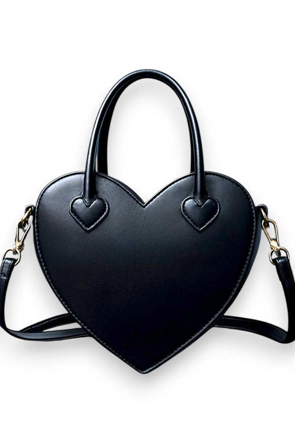 Black Heart Shaped PU Leather Shoulder Bag Adjustable Strap Cute Goth Purse