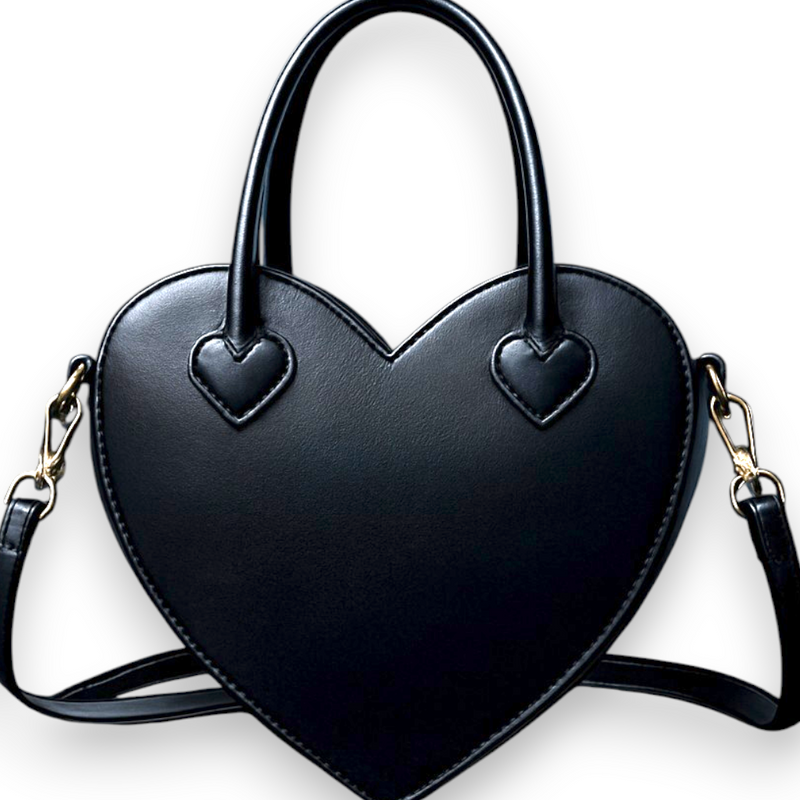 Black Heart Shaped PU Leather Shoulder Bag Adjustable Strap Cute Goth Purse