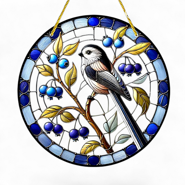 Blueberry Bird Suncatcher 8" Window Hanging Decor 2D Flat Acrylic Stained Glass