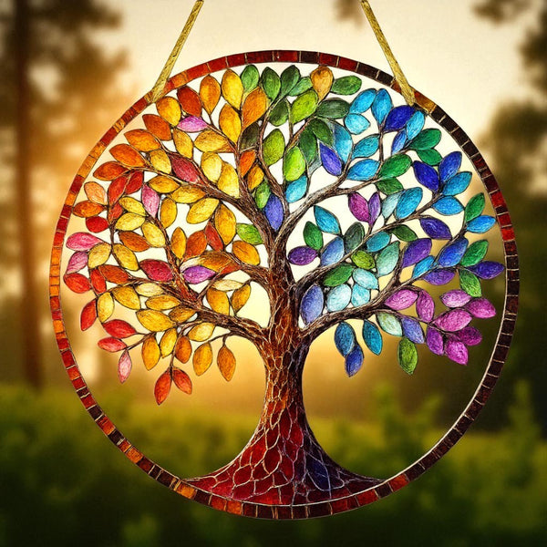 8" Rainbow Tree of Life Suncatcher – 2D Flat Acrylic Window Hanging Decor