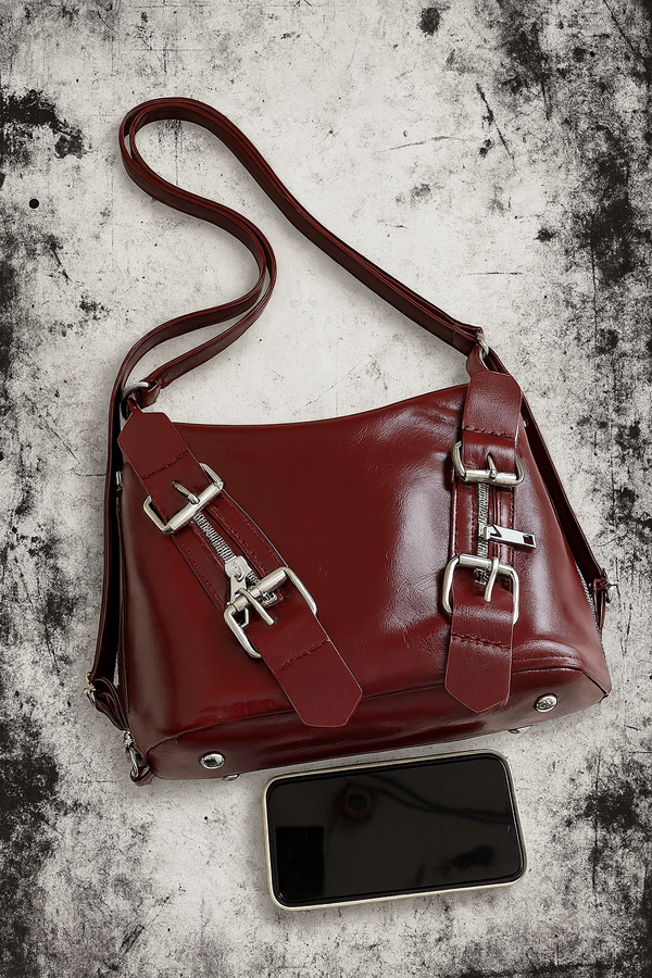 Red Retro Leather Shoulder Crossbody Tote Large Capacity Casual Bag Purse