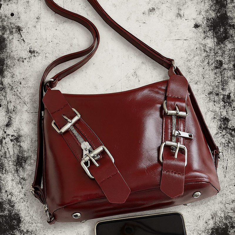 Red Retro Leather Shoulder Crossbody Tote Large Capacity Casual Bag Purse