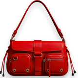 Women's Moto Baguette Bag Multi Pocket Lace-Up Shoulder Handbag Biker Purse NEW
