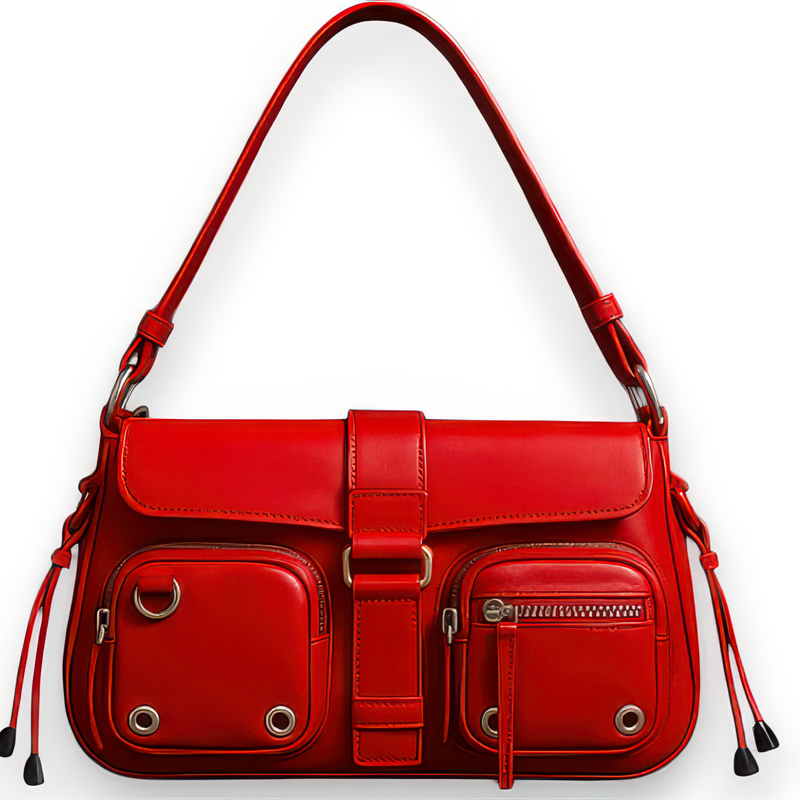 Women's Moto Baguette Bag Multi Pocket Lace-Up Shoulder Handbag Biker Purse NEW