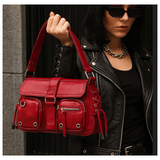 Women's Moto Baguette Bag Multi Pocket Lace-Up Shoulder Handbag Biker Purse NEW