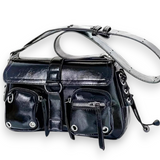 Women's Moto Baguette Bag Multi Pocket Lace-Up Shoulder Handbag Biker Purse NEW