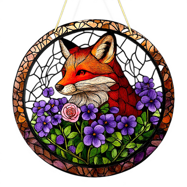 Fox Flower Suncatcher Faux Stained Glass Window Hanging 8" Decor Gift
