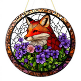 Fox Flower Suncatcher Faux Stained Glass Window Hanging 8" Decor Gift