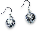 Sterling Silver Textured Heart Dangle Earrings Pebble Design Drop 1”