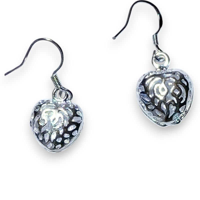 Sterling Silver Textured Heart Dangle Earrings Pebble Design Drop 1”