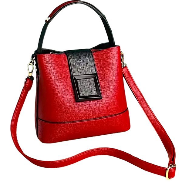 Women’s Black PU Leather Bucket Bag with Square Buckle, Zipper Closure, Shoulder