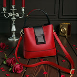 Women’s Black PU Leather Bucket Bag with Square Buckle, Zipper Closure, Shoulder