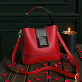 Women’s Black PU Leather Bucket Bag with Square Buckle, Zipper Closure, Shoulder