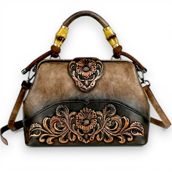 Coffee Floral Embossed Leather Handbag Retro Shoulder Bag for Women