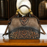 Coffee Floral Embossed Leather Handbag Retro Shoulder Bag for Women