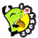 "I Love Tacos Enamel Pin – Cute Green Alien Taco Lover Lapel Pin for Foodies"