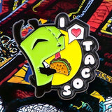 "I Love Tacos Enamel Pin – Cute Green Alien Taco Lover Lapel Pin for Foodies"