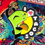 "I Love Tacos Enamel Pin – Cute Green Alien Taco Lover Lapel Pin for Foodies"
