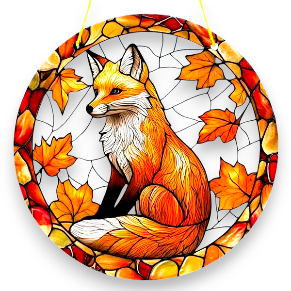 Fox Maple Leaf Faux Stained Glass 8 Inch Suncatcher Acrylic Window Panel