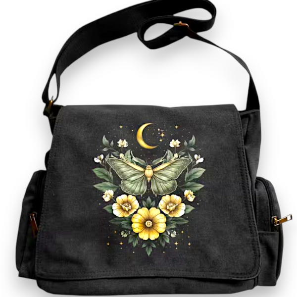 Luna Moth Crescent Moon Botanical Canvas Messenger Bag Black Crossbody Satchel