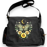 Luna Moth Crescent Moon Botanical Canvas Messenger Bag Black Crossbody Satchel