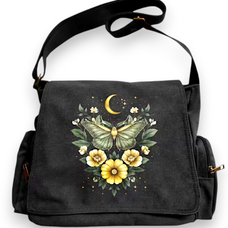 Luna Moth Crescent Moon Botanical Canvas Messenger Bag Black Crossbody Satchel