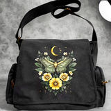 Luna Moth Crescent Moon Botanical Canvas Messenger Bag Black Crossbody Satchel
