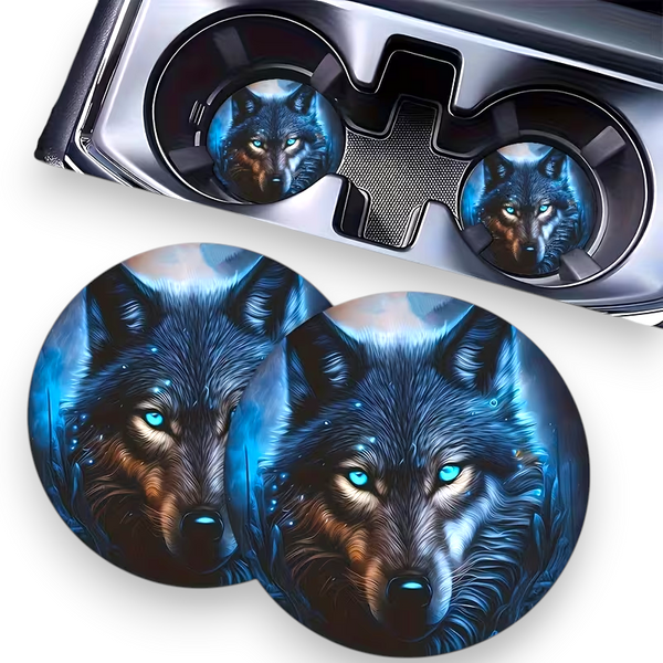 Blue Eyes Wolf Car Coasters 2pc Glowing Animal Cup Holder Insert