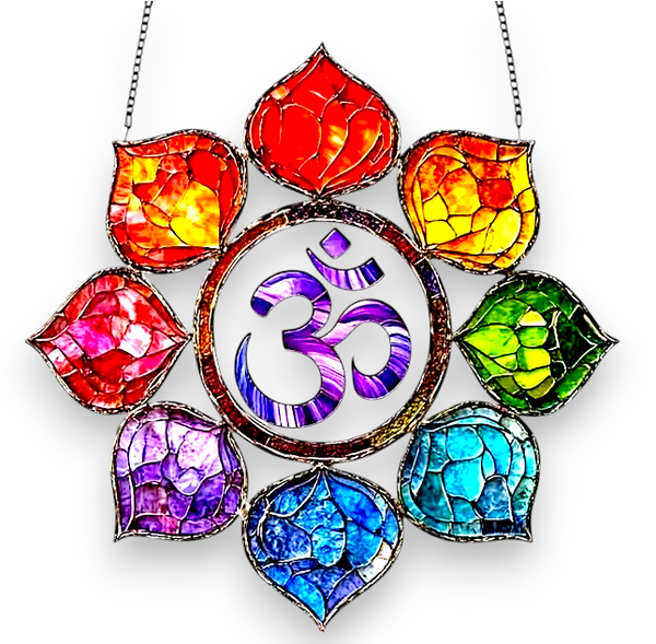 Chakra Om Faux Stained Glass Suncatcher | Rainbow Lotus Window Decor