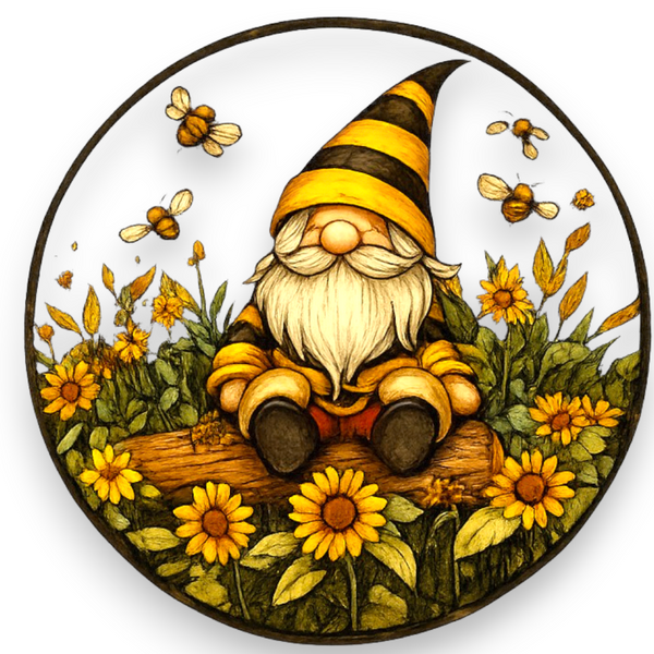 Bee Gnome Sunflower 8" Acrylic Suncatcher – Faux Stained Glass Window Hanging