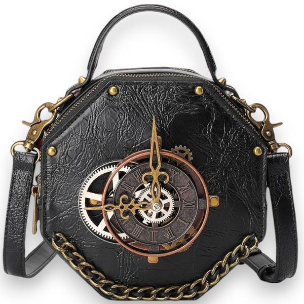 Steampunk Clock Gear Black Crossbody Bag – Gothic Punk Shoulder Handbag