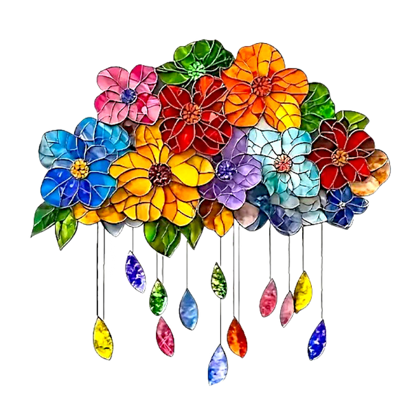 Rainbow Flower Cloud Suncatcher – 8" Faux Stained Glass Window Hanging Decor