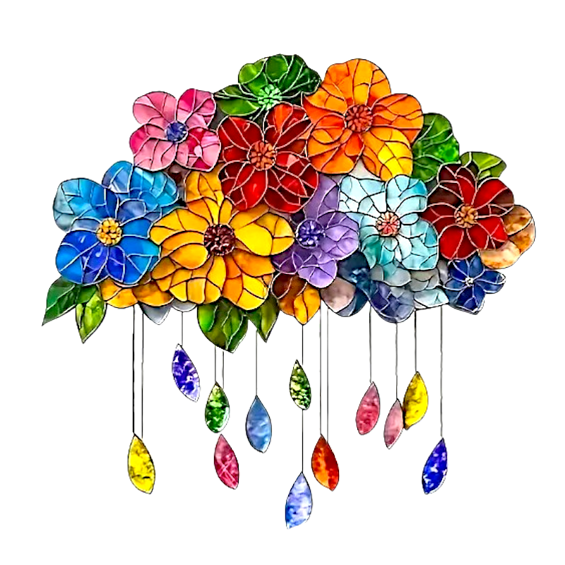 Rainbow Flower Cloud Suncatcher – 8" Faux Stained Glass Window Hanging Decor