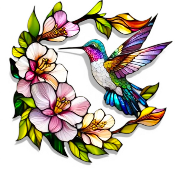 Faux Stained Glass Acrylic Art – 8" Hummingbird & Floral Window Panel