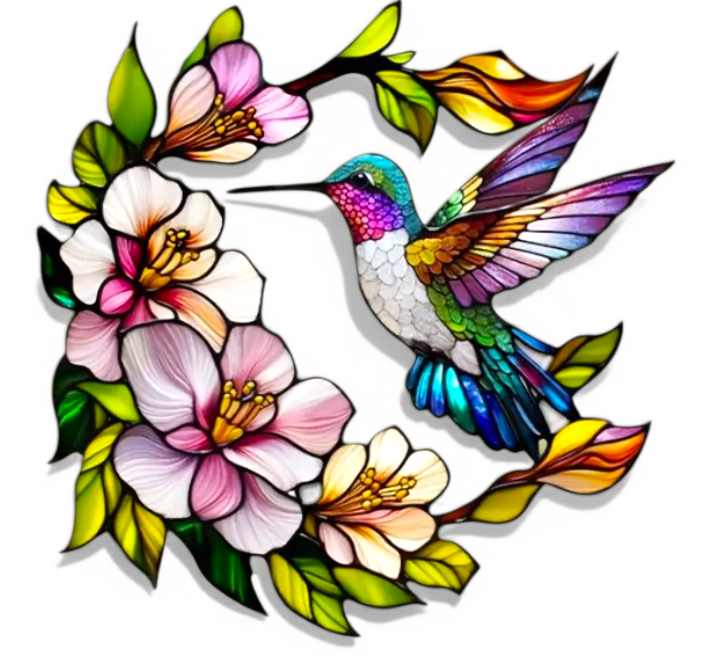 Faux Stained Glass Acrylic Art – 8" Hummingbird & Floral Window Panel