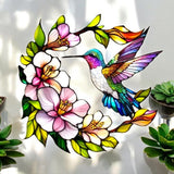 Faux Stained Glass Acrylic Art – 8" Hummingbird & Floral Window Panel